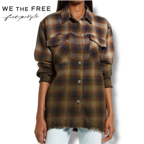 We the Free Anneli Plaid Shirt Jacket Shacket Tobacco Ombre Free People | Sz M - Picture 1 of 15